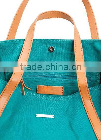 Leather handle polyester woman handbag