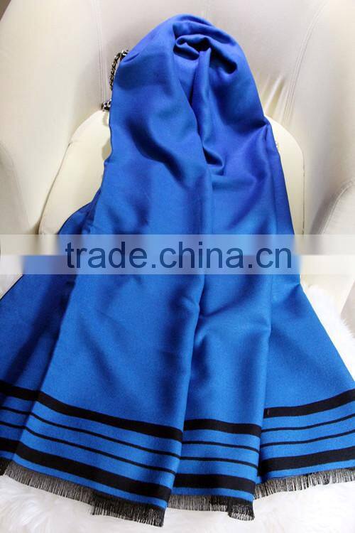 High Grade Fashion Women Brand Navy Blue Wool Cashmere Scarf Pashmina with Fringes