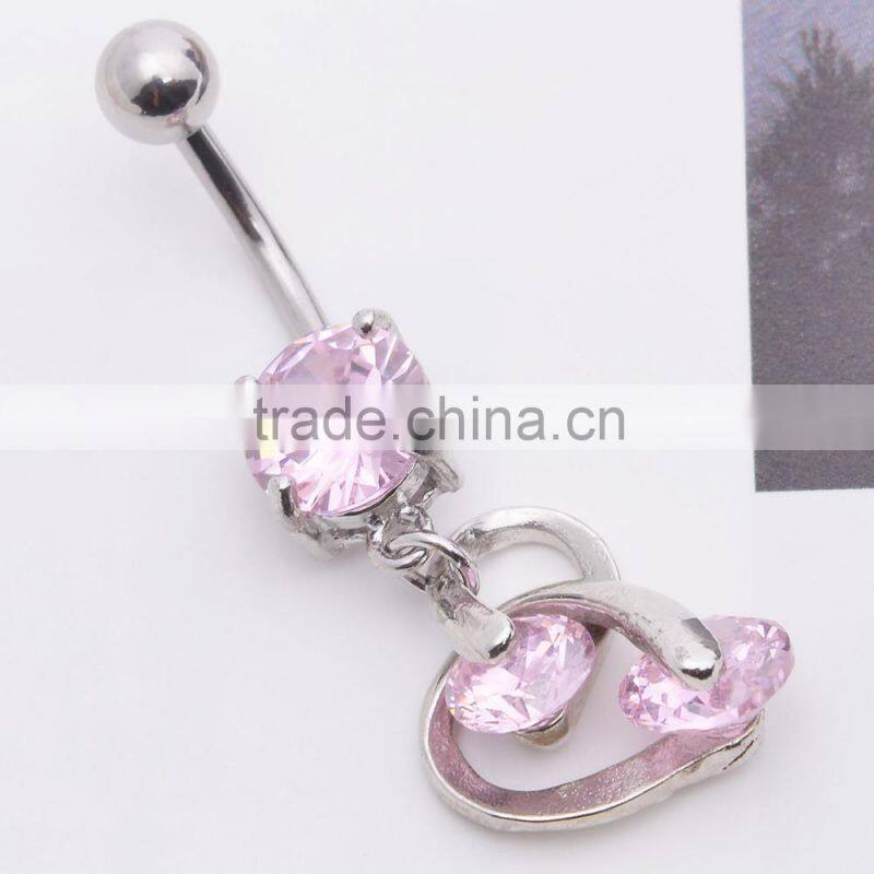 Big Zircon Inlay Dual Hearts lining Dangle Belly Button Naval Ring.
