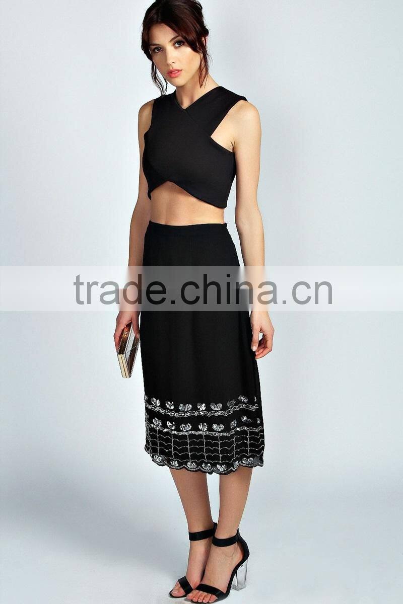 Beaded Scalloped Hem Long Office Skirts