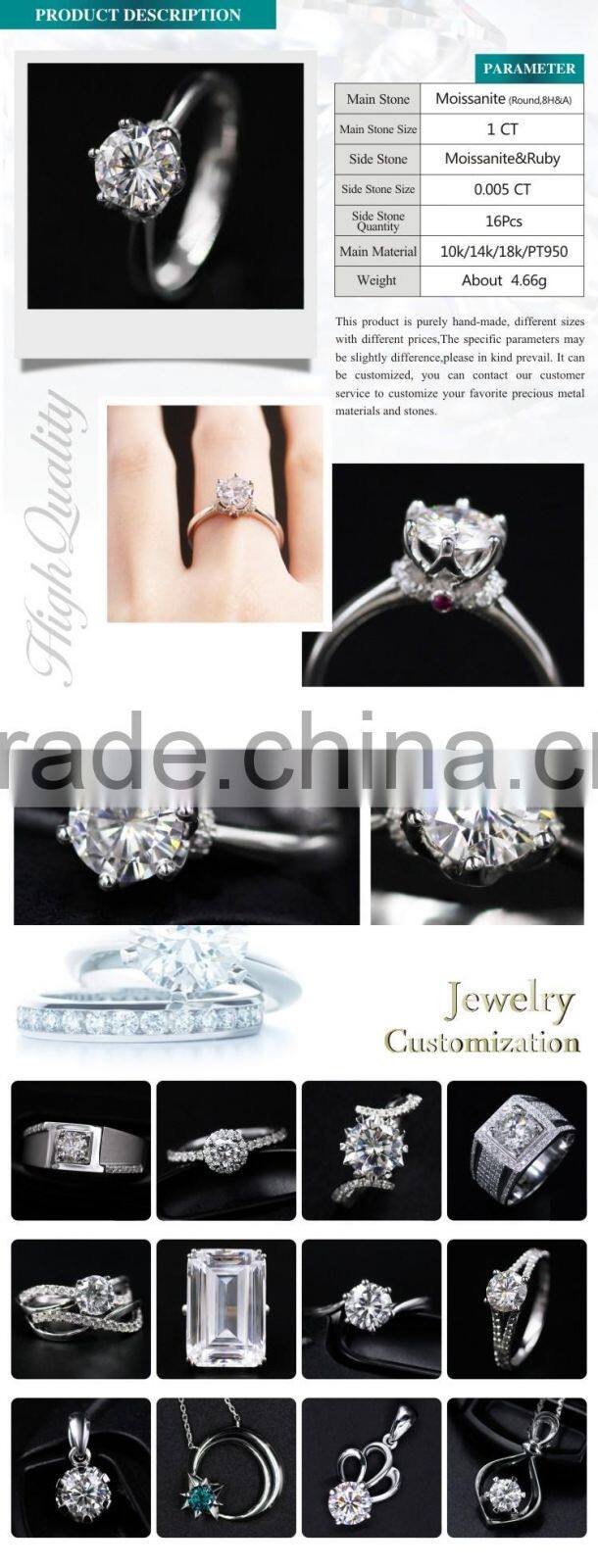 Perfect Cut Diamond Accents Women's Band 1CT Center Moissanite Lab Grown Diamond Ring,with small Ruby Wedding Ring Band