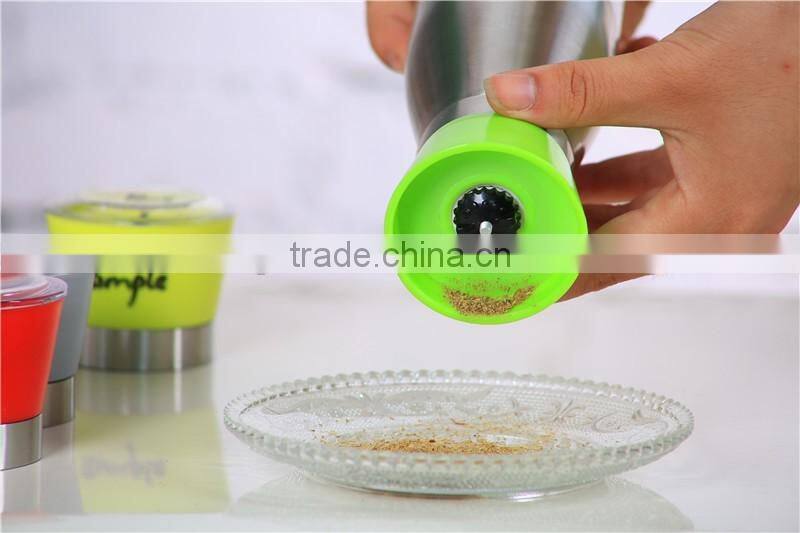 Glass spice jar pepper grinder/pepper mill with colorful top metal coat