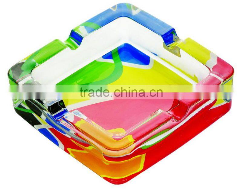 Glass ashtray with decal on bottom,high quality glass ashtray
