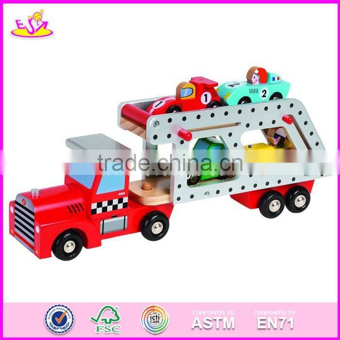 2017 New design funny children wooden toy trucks and trailers with 4 small cars W04A339
