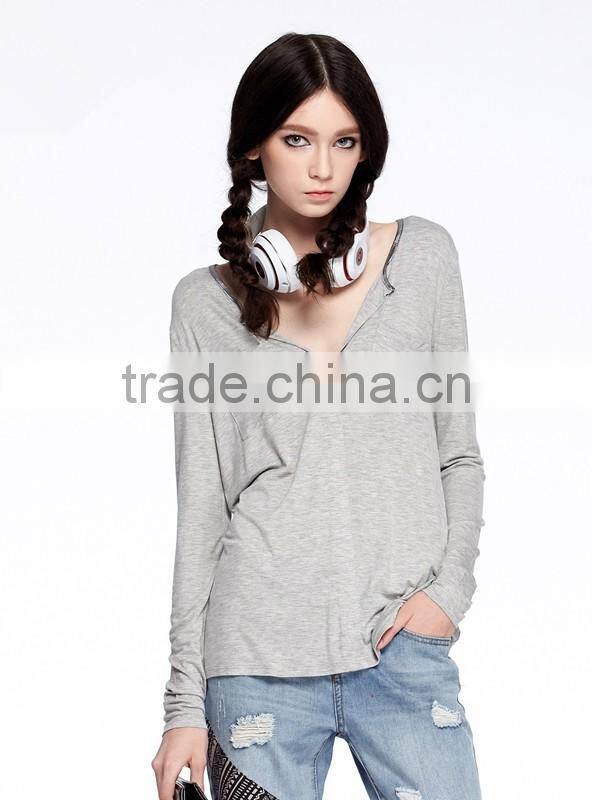 Slim fit women gray long sleeve large V-neck t shirt