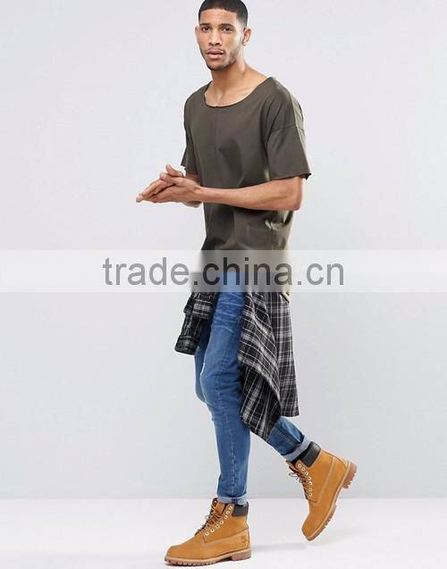 Men cheap plain boat neck longline army green t-shirt wholesale