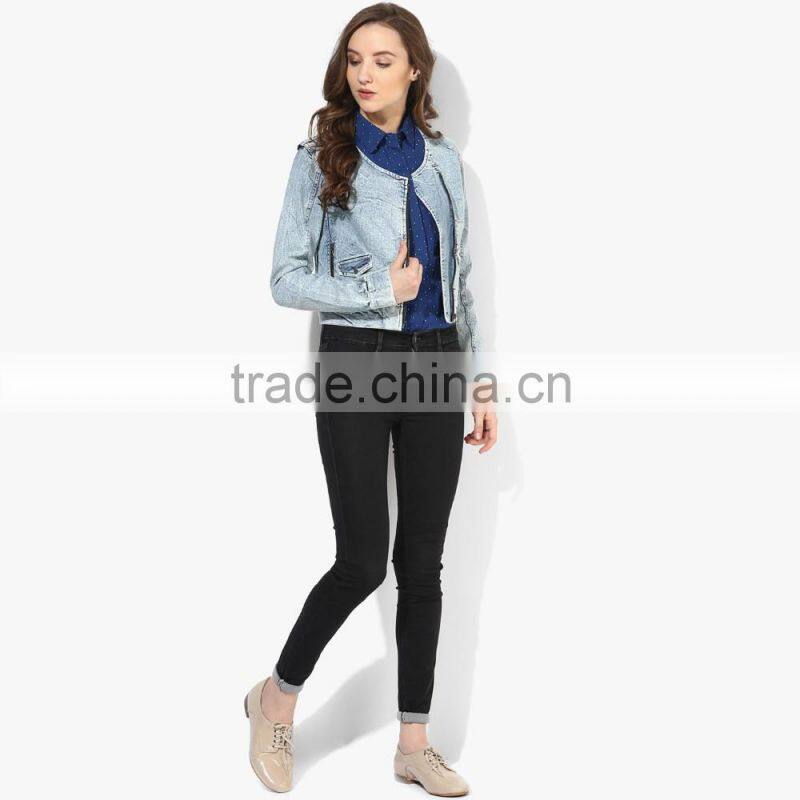 blue washed zipper denim jacket side double for women