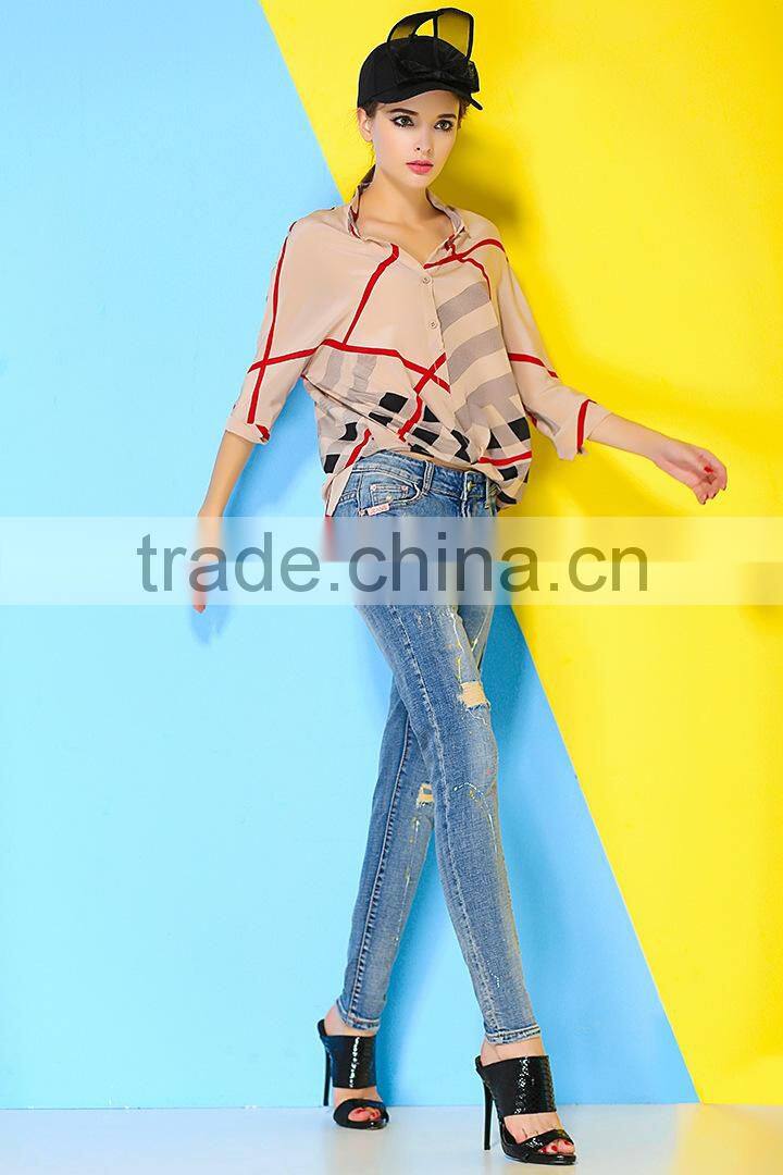 Two color 3/4 sleeve fashion design 2015 new design chiffon ladies blouse