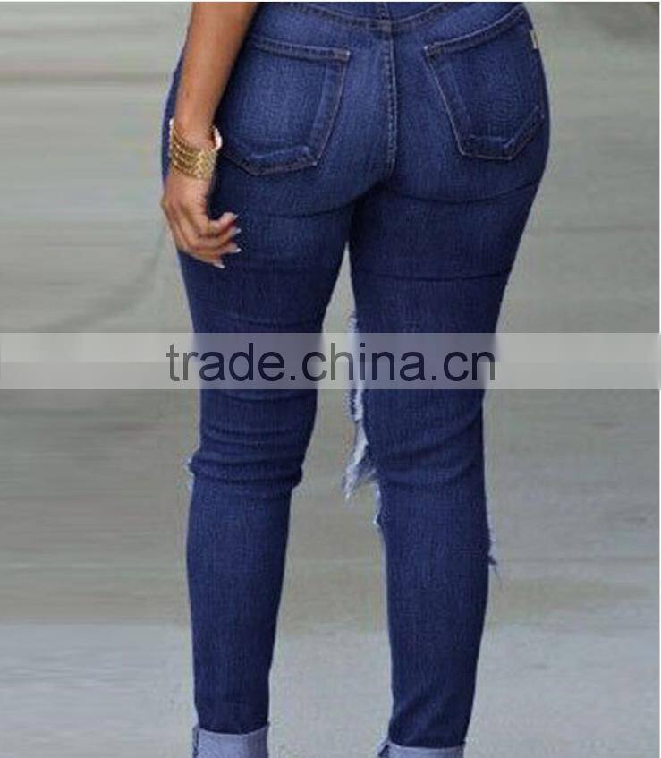 2016 women pants Ladies Casual blue with waist-length Ripped distressed female jeans