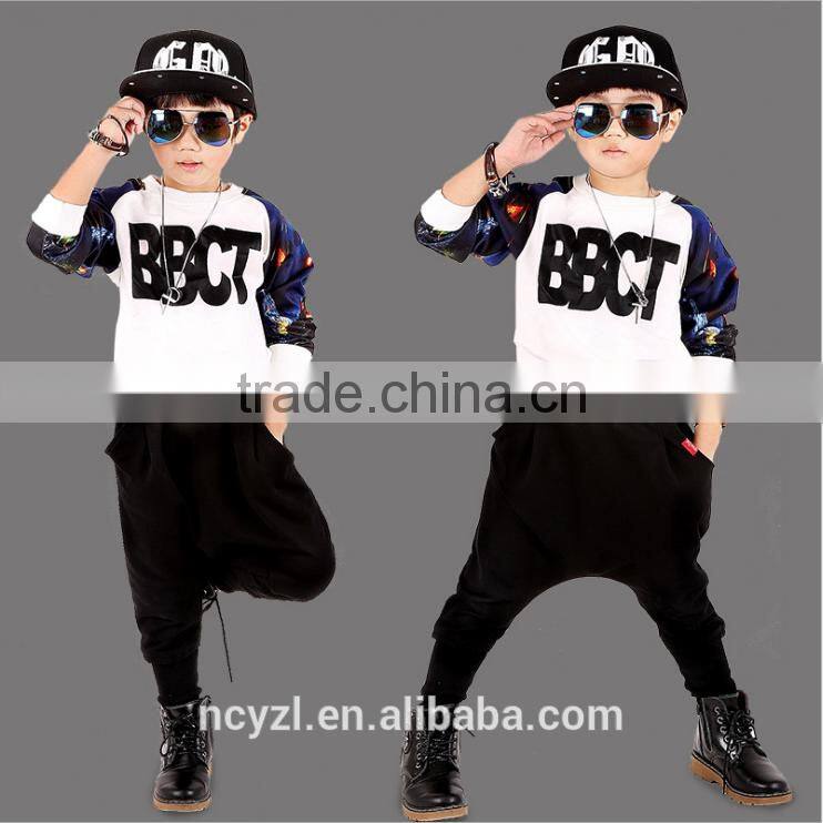 custom wholesale handsome 95% cotton 5% polyester kids winter and printing boys dance costume hoodies and harem pants sets