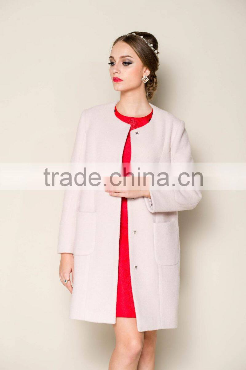 2015 latest fashionable o neck apricot plain style brand name women winter coat