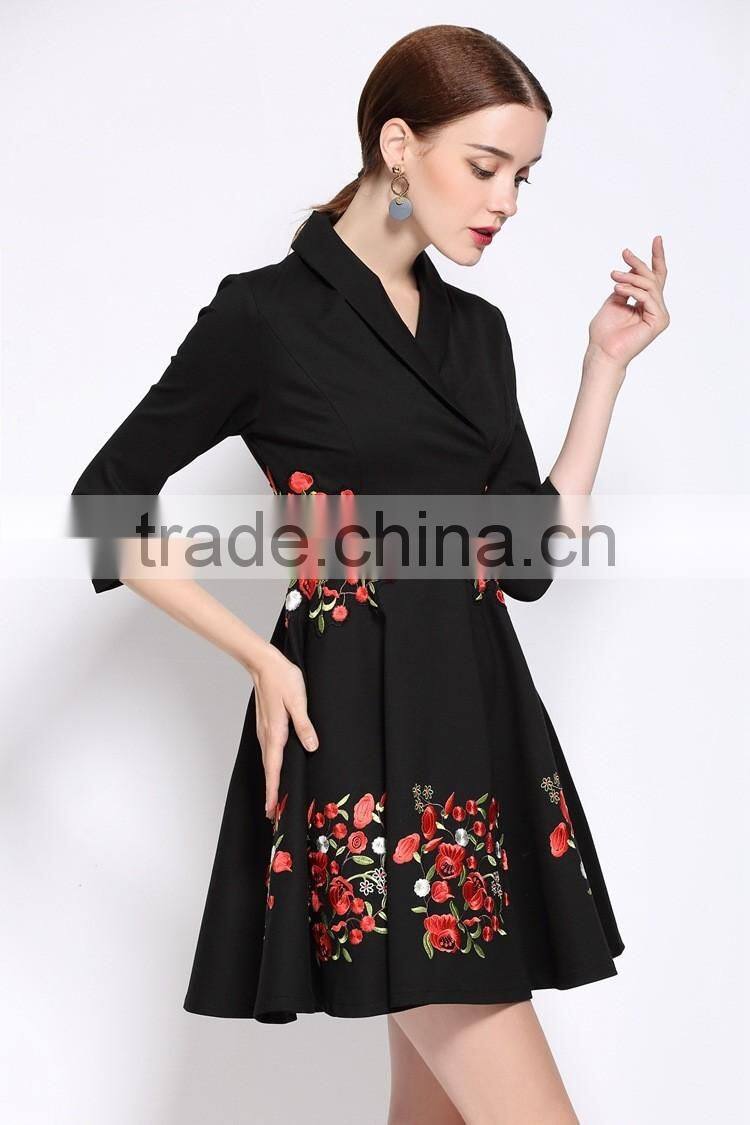 Ladies autumn/winter V neck 3/4 sleeve embroidered A-line dress