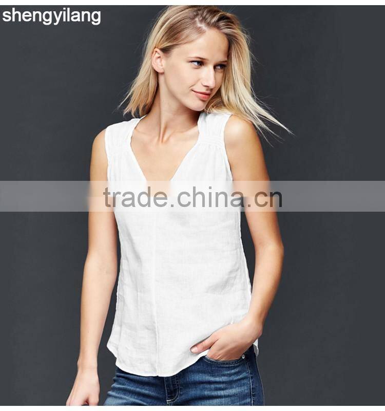 2016 newest product pure color leisure 100% linen vest custom high quality comfortable ladies tops