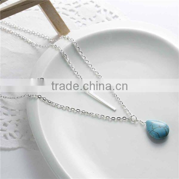 New Fashion Layered Necklace Silver Plated With Rectangle Pendant Malachite Green Bead 54.5cm long