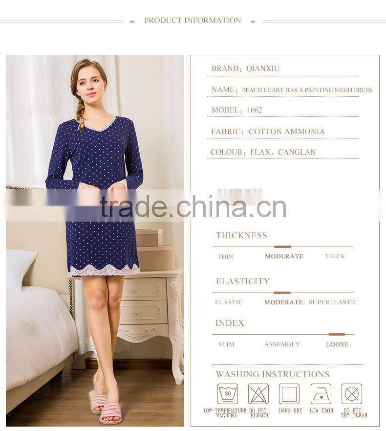 Modern Style Qianxiu Wholesale High Quality Knitted Cotton Women Girl Long Sleeve Print Dots Dressing Gown