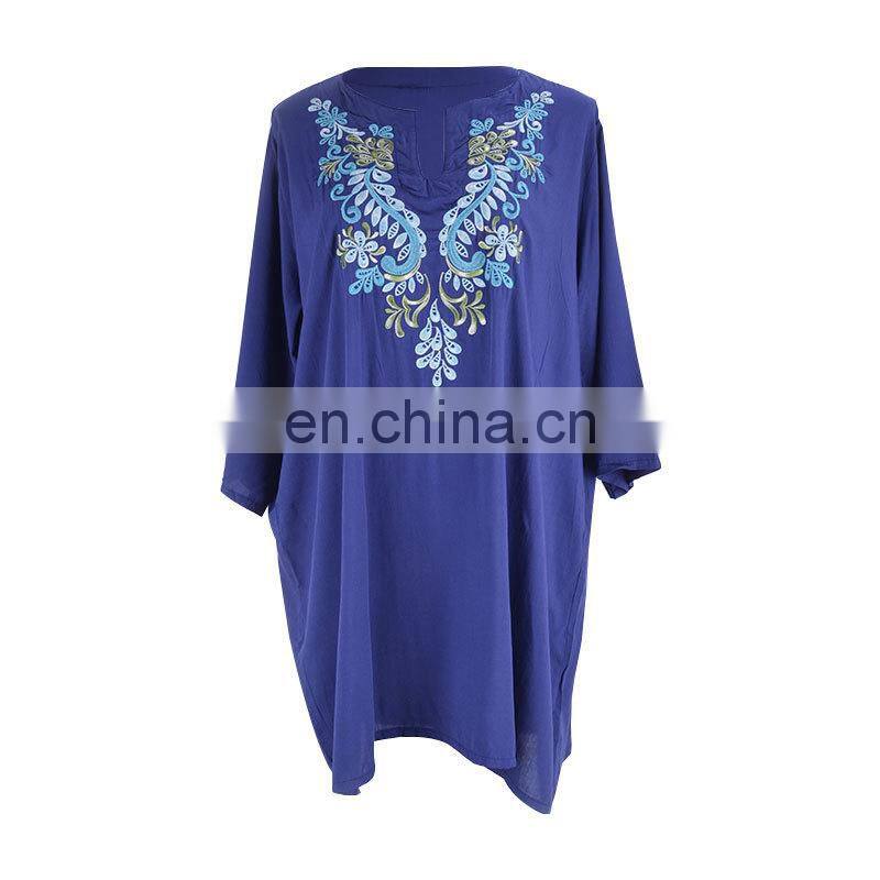 Dark Blue Bohemian Embroidered Three Quarter Sleeve Short Summer Beach Dress Cotton Tunic Women Beachwear Sarong plage