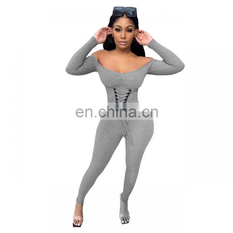 Wholesale custom women's jumpsuit Western style Autumn and winter Strapless Eyelet straps Thread Rompers Pure cotton