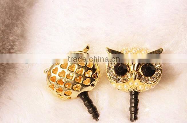bling owl earphone cap, crystal anti dust plug, 3.5mm Rhinestones Night Owl Pattern Cellphone Charms