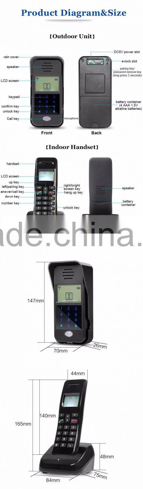 2.4G LCD Screen Display Battery Operated Audio Intercom Doorbell with Rain Cover