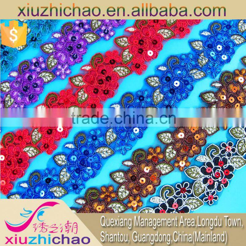T0105-4A factory sale polyester sequins embroidery lace trims dress decoration