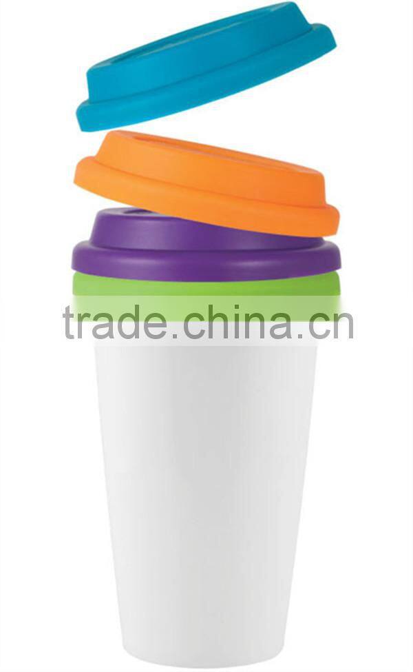Hot Sale BPA Free 12oz Plastic Coffee Cup with silicone sleeve and lid