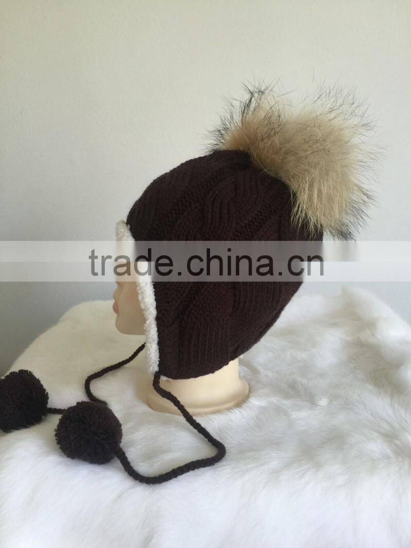 New Design Fur Pom Pom Hats Crochet Baby Hats Children Fur Bobble Hats