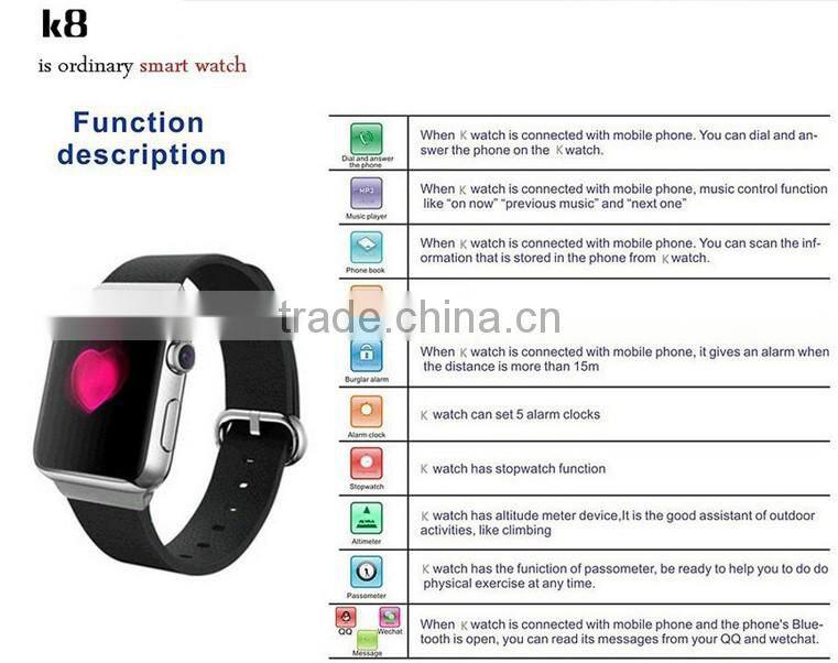 New design k8 smart watch 2015 bluetooth android 4.4 with SMS , FM , gps , gprs , wifi , camera With 1.54 inch Screen mt6572 3G