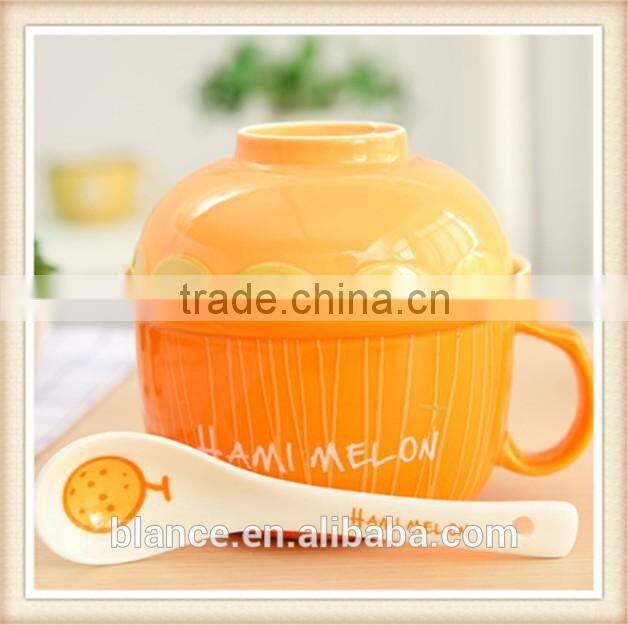 large ceramic soup bowl set with spoon in fruit shape design