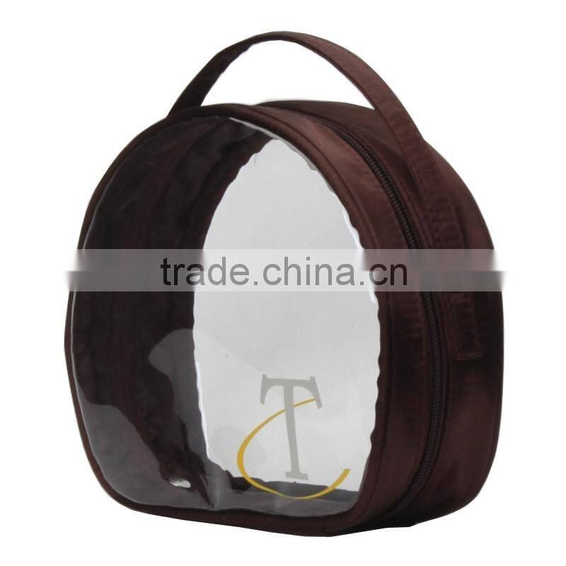 Satin fabric cosmetic bag/clear travel toiletry bags made in china