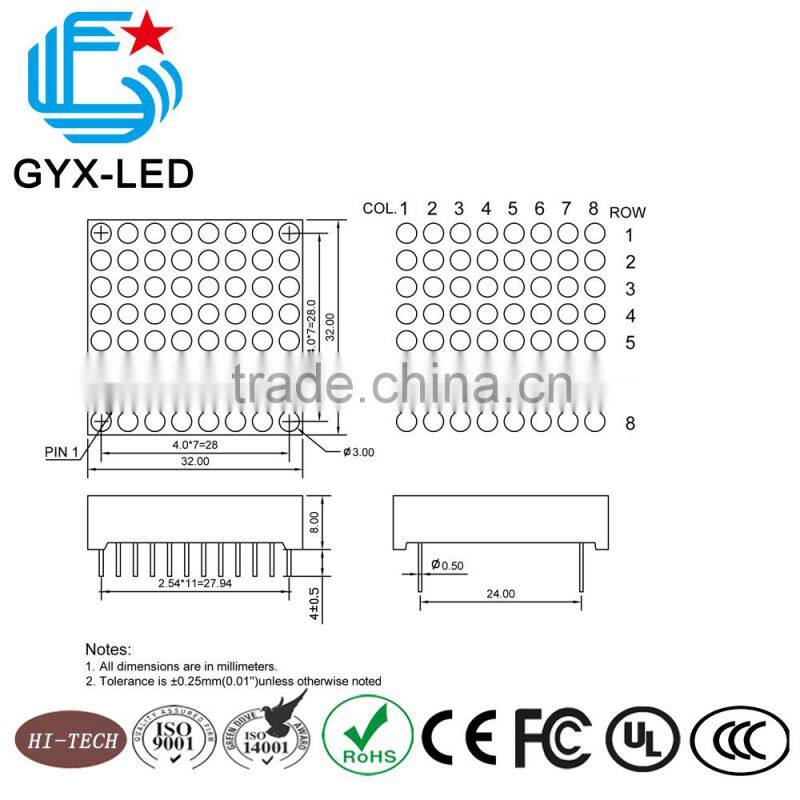Rohs compliant red and green bi-color 8*8 dots 2.54mm pitch LED dot matrix display