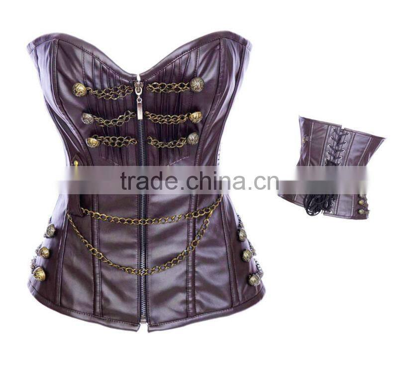 coffee zipper front sexy women leather corset m1985