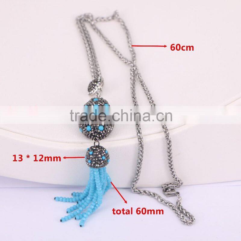 Pave Rhinestone with Crystal Tassel Pendant Stone Chain Necklace, Gem Druzy Pendant, Druzy Tassel Necklace