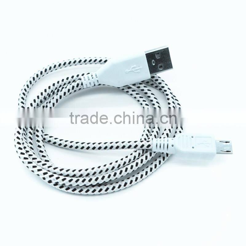 2015 wholesale colorful micro usb cable for Blackberry/HTC/Samsung,2M 6FT fabric nylon braided micro usb cable(white)