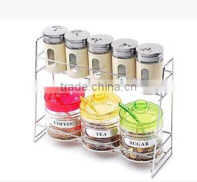 upmarket colorful glass condiment sets with metal stand