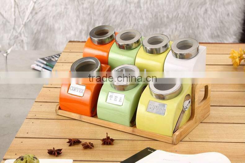 export to turkey colourful ceramic porcelain canister set,ceramic canister,storage jar,ceramic jarwith spoon & bamboo stand