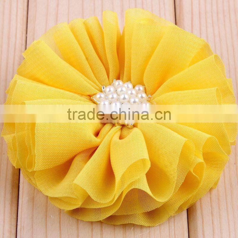hot cutting chiffon flower with pearl bead center for kids hair accessories
