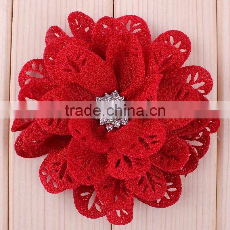hot cutting fabric flower with rhinestone center for kids hair accessories