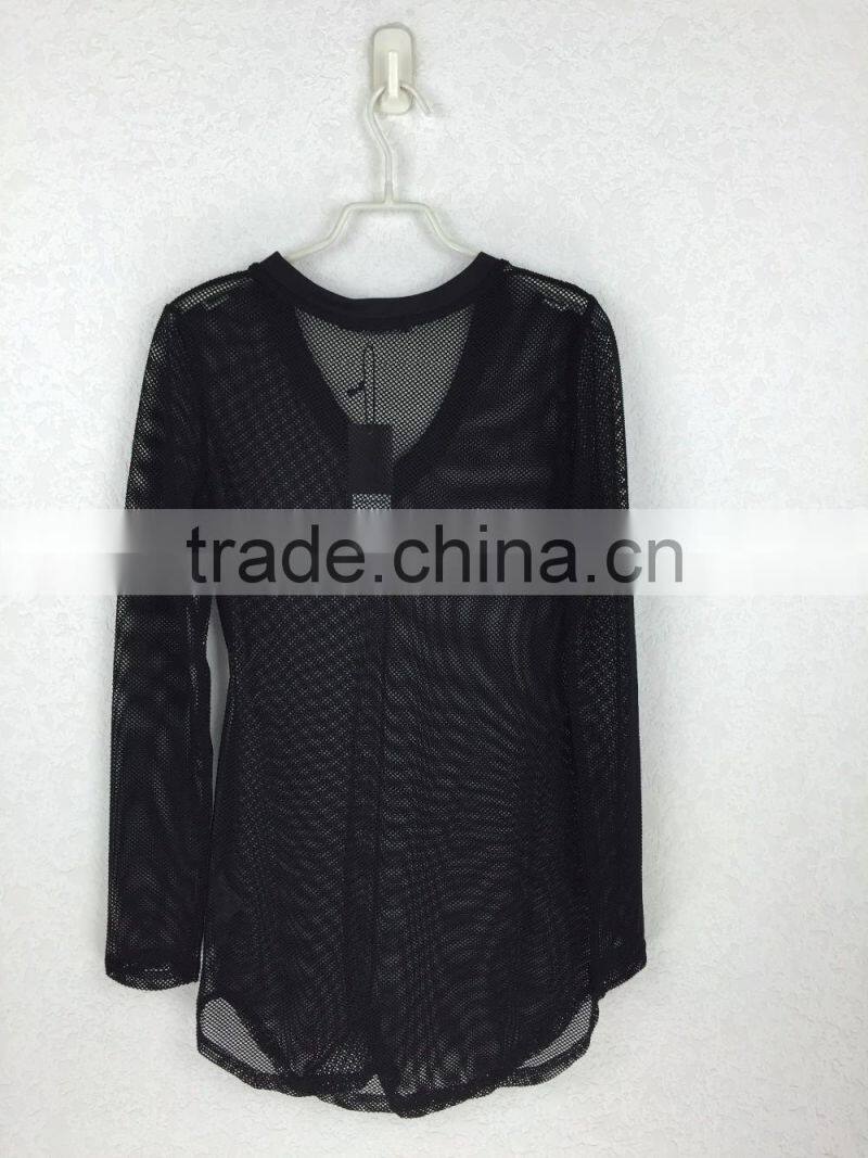 Original design lady v-neck sheer blouse long sleeve black mesh fabric blouse