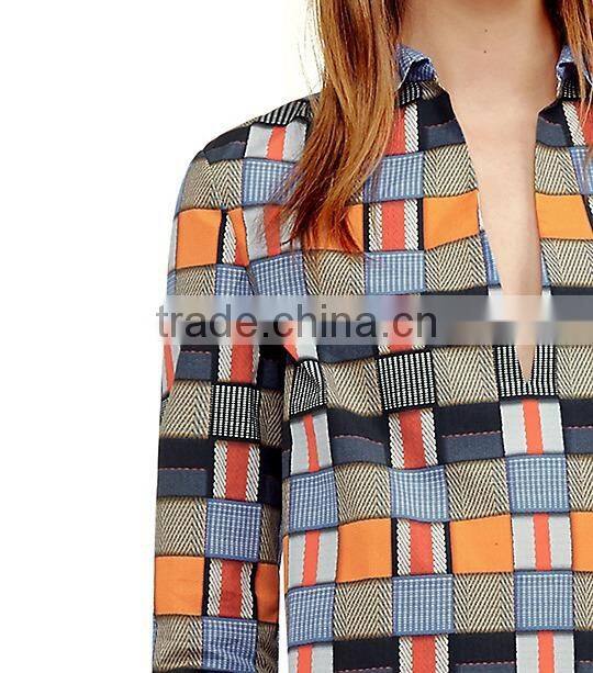 2015 fashion v-neck poplin tunic long sleeve dress for women