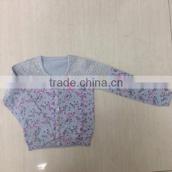 Girl's cotton printing cardigan sweater with hotfix rhinestone