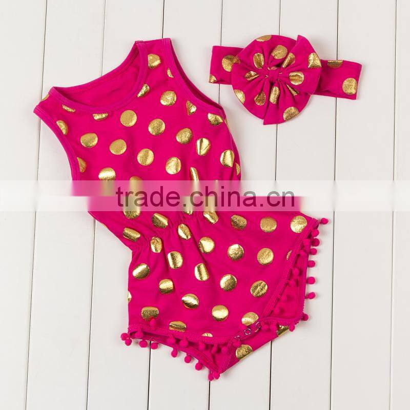 2017 Wholesale baby clothing baby girl boutique romper fashion gold polka dots pompom jumpsuit with headband