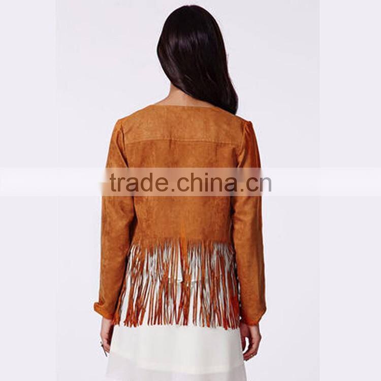 HAODUOYI Autumn Women Synthetic Suede Short Style Blazer Tassel Jacket