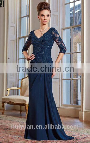 2015 new design ladies lace long sleeve blue prom dress