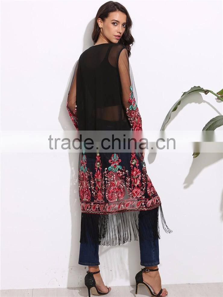 Women Long Sleeve Fashion Beachwear See Through Chiffon Long Fringe Mesh Kimono With Floral Print