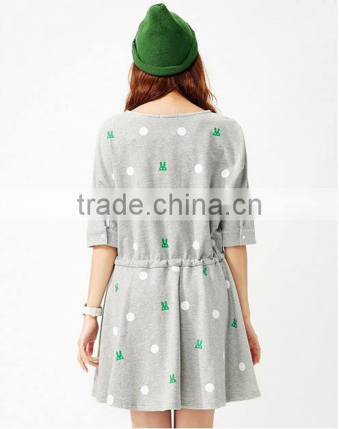 Female money shallow hemp grey knitted rabbit dot printing on the waist rope bat sleeve dress