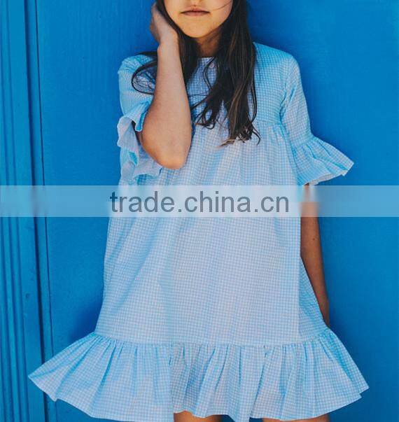 Sky Blue Plaid New Model Girl Dress Fashion Childrens Plus Size Dresses