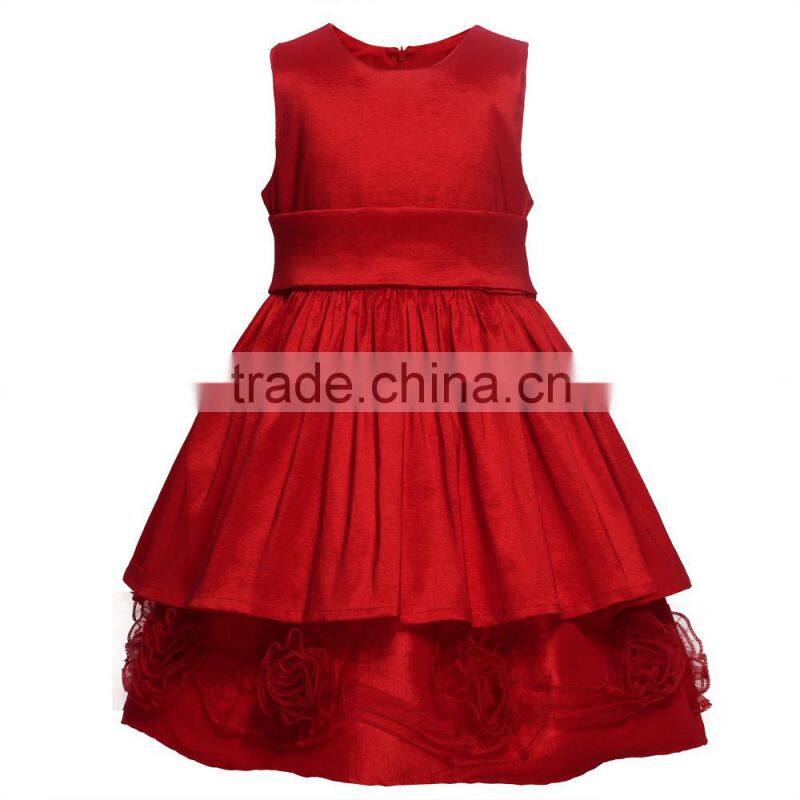 Hot Selling Red Girls Dresses Decorated With Big Flower Fashion Solid Kids Vestido Wholesale Child Wear