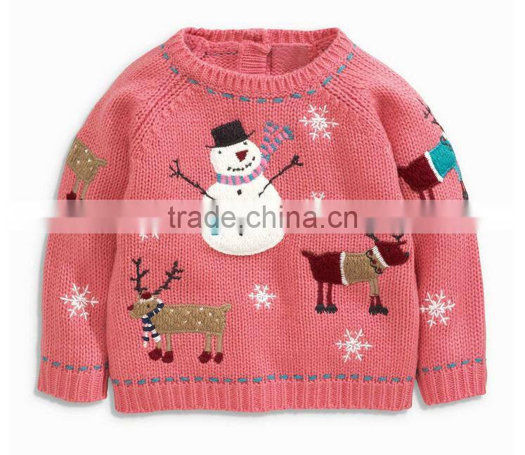 Pink Snowman Embroidery Children Baby Sweater Designs For Girl