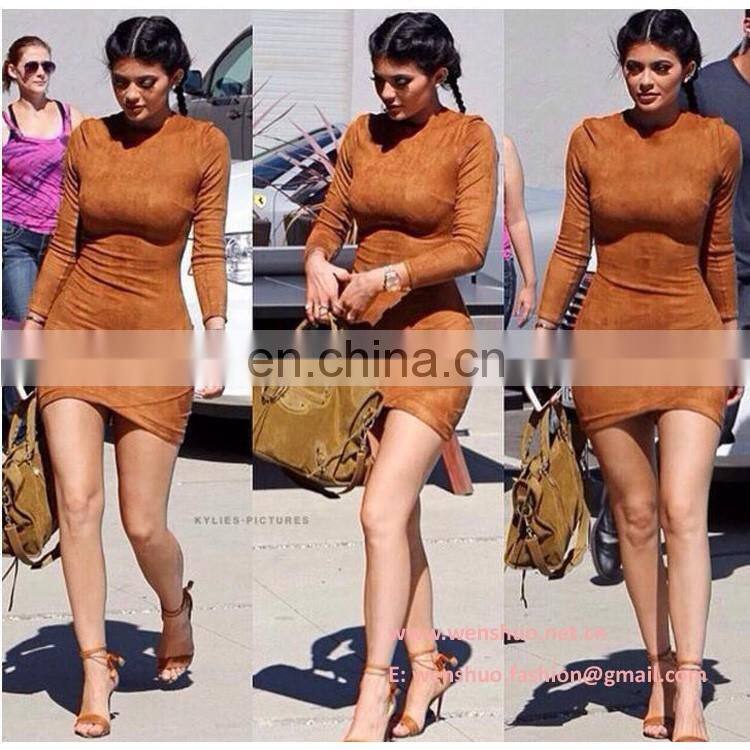 Wholesale Long Sleeve Tight Camel Suede Dress