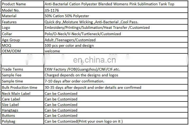 Anti-Bacterial Cation Polyester Blended Womens Pink Sublimation Tank Top